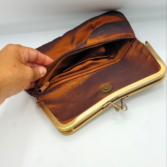 Vintage Burnt Copper Satin Fold-Over Clutch | Rhinestone Flower Details